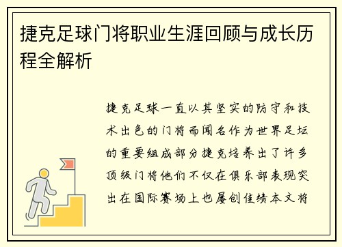 捷克足球门将职业生涯回顾与成长历程全解析