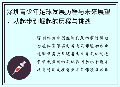 深圳青少年足球发展历程与未来展望：从起步到崛起的历程与挑战
