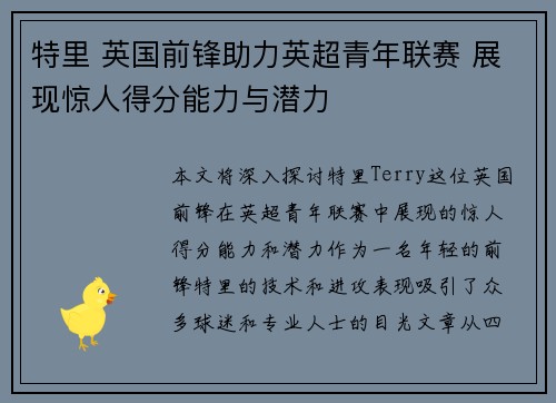 特里 英国前锋助力英超青年联赛 展现惊人得分能力与潜力