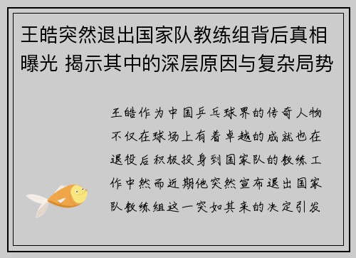 王皓突然退出国家队教练组背后真相曝光 揭示其中的深层原因与复杂局势